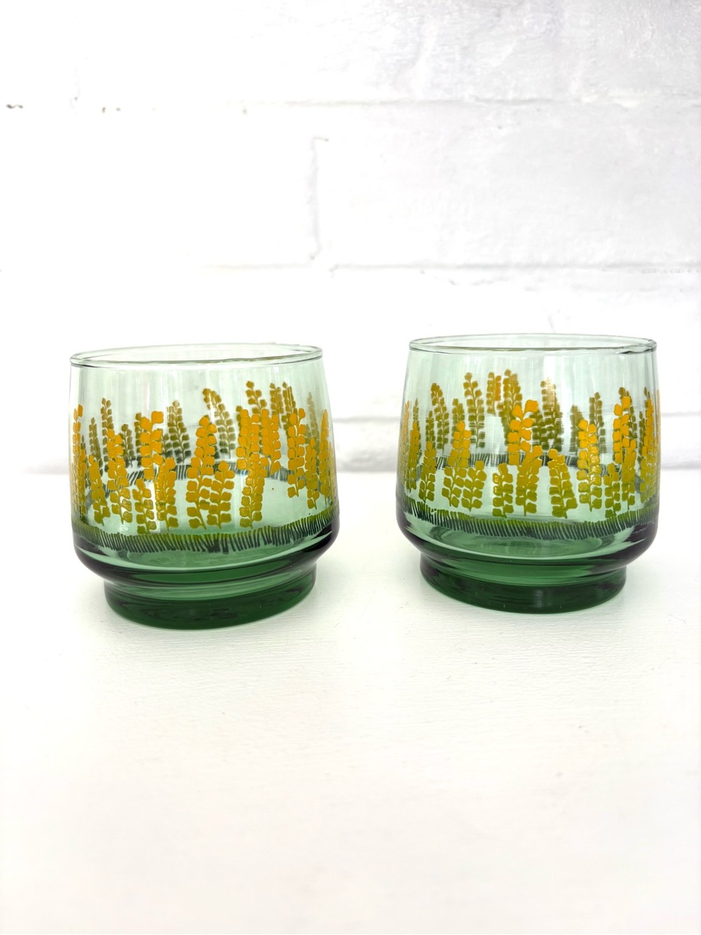 Vintage Dominion Glass (Set of Two) Green with Yellow Golden Wheat Sheaves
